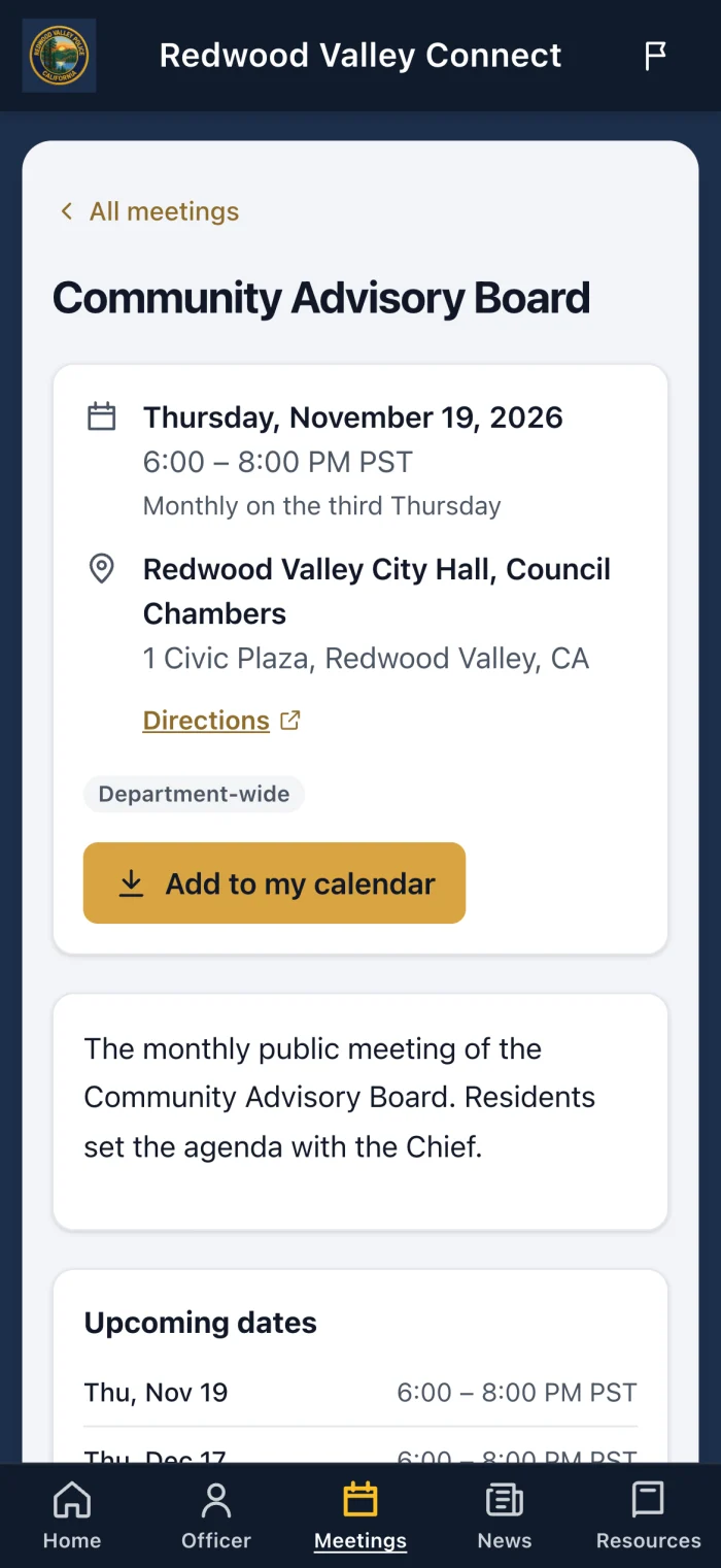 Community meeting details with a map
