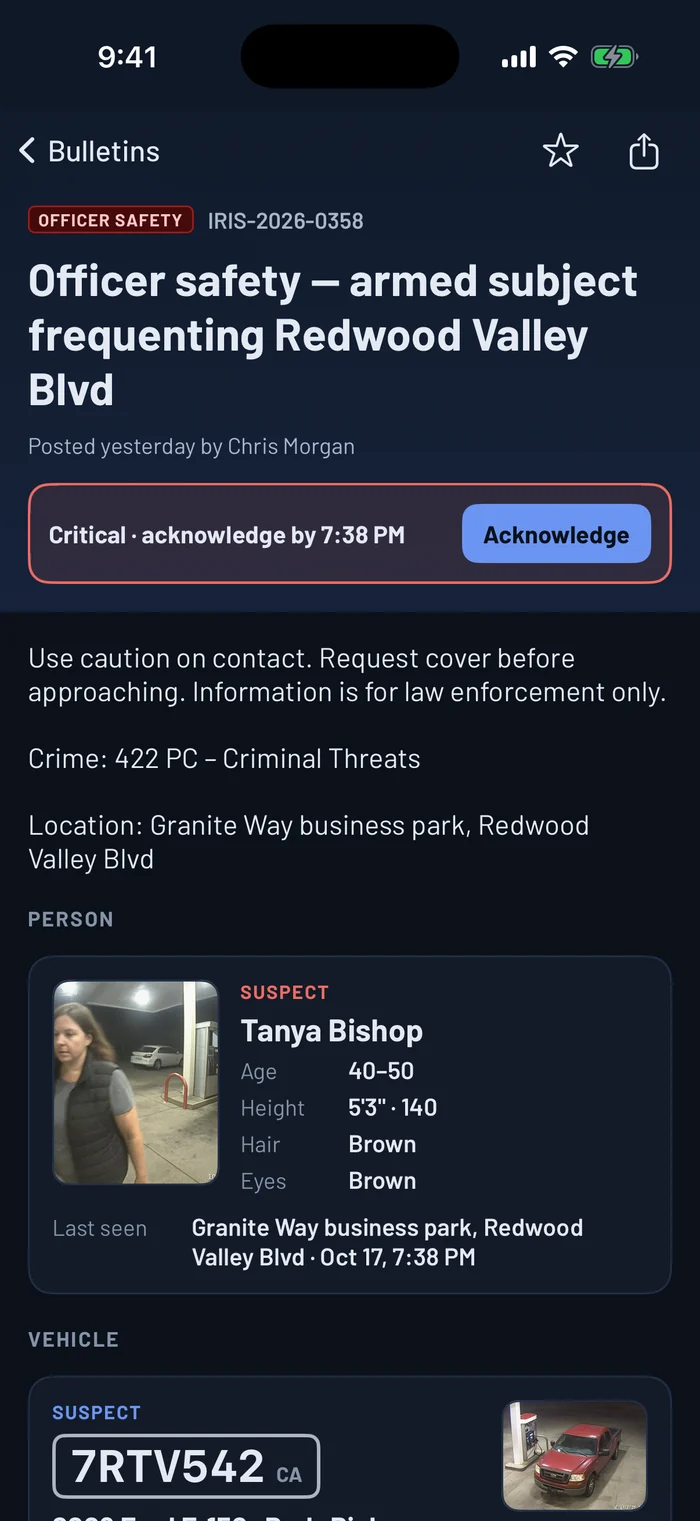 A stolen vehicle bulletin in the IRIS 4PS app