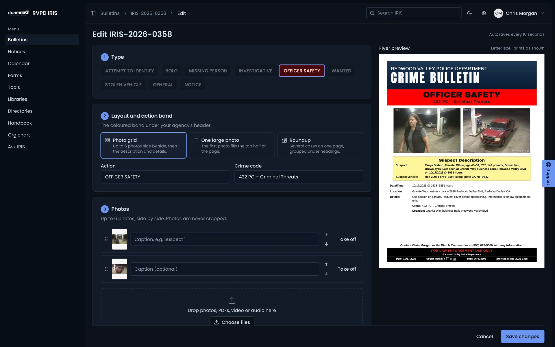 The IRIS bulletin builder with a live flyer preview