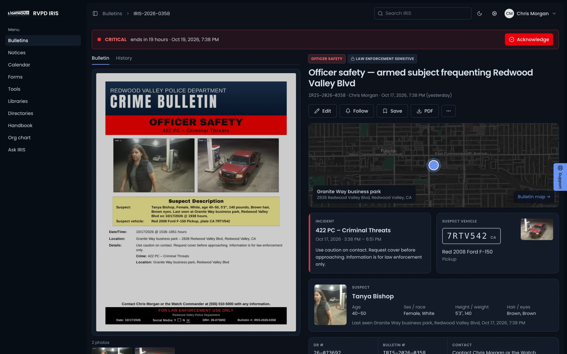 An IRIS bulletin on the desktop: the agency flyer, map and suspect details