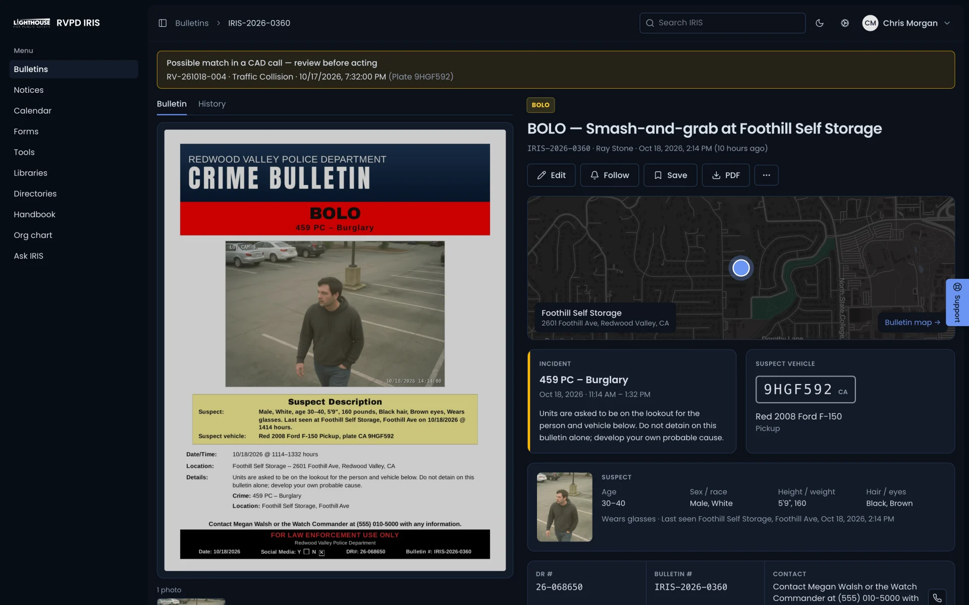 A BOLO bulletin flagged as a possible match in a CAD call, for an officer to review