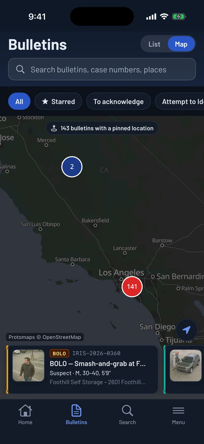 Bulletins on the map in the IRIS 4PS app